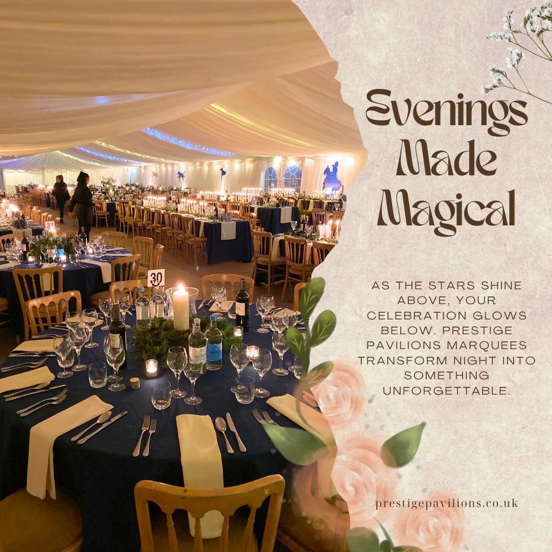 ✨ Evenings Made Magical 
As the stars shine above, your celebration glows below. Prestige Pavilions marquees transform night into something unforgettable. #LuxuryWedding #EveningWedding #WeddingInspiration #PrestigePavilions #OutdoorWedding
