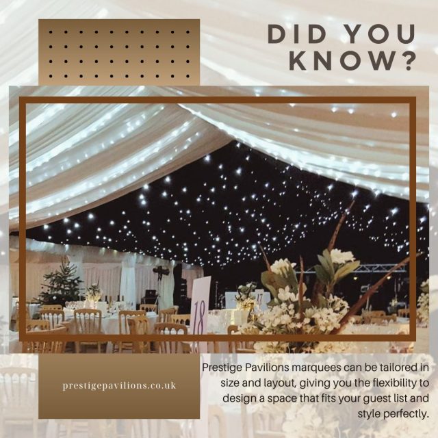 ✨ Did You Know? 
Prestige Pavilions marquees can be tailored in size and layout, giving you the flexibility to design a space that fits your guest list and style perfectly. #BespokeMarquee #LuxuryWedding #UKWedding #PrestigePavilions #WeddingPlanning